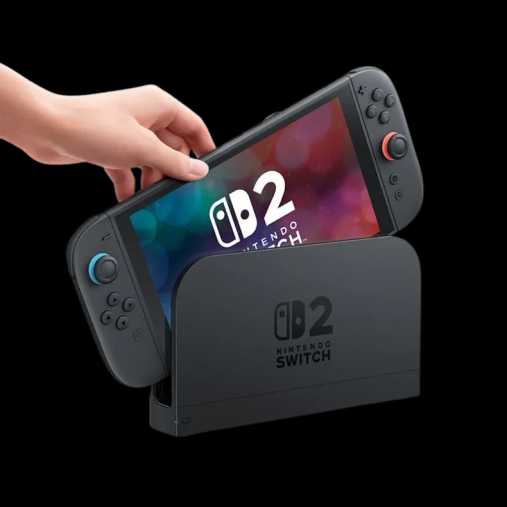 Consola Nintendo Switch 2 portátil con mandos laterales desmontables, pantalla táctil en color y base de carga negra para jugar en modo sobremesa y portátil