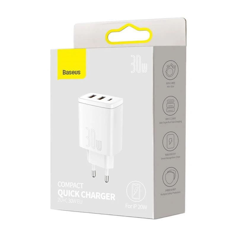 Baseus Compact Quick Charger 30W Blanco - Cargador de pared 2xUSB-A 1xUSB-C - Ítem1