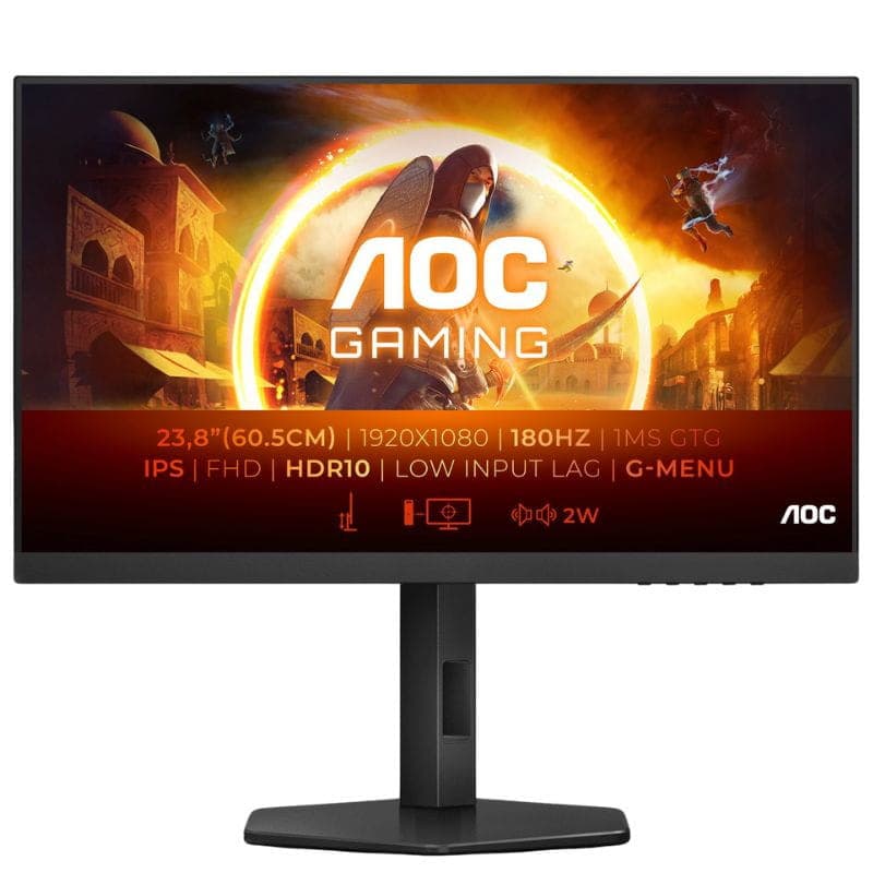 AOC 24G4XE 23,8" Full HD 180 Hz G-SYNC Preto/Cinza imagem frontal com características no ecrã