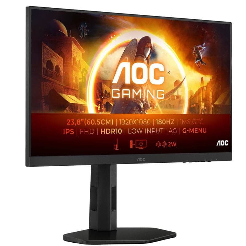 AOC 24G4XE 23,8" Full HD 180 Hz G-SYNC Preto/Cinza imagem lateral com características no ecrã