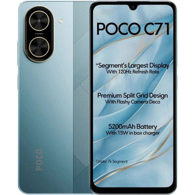 Imagem frontal e traseira do Xiaomi Poco C71 4GB/128GB Blue com caraterísticas de ecrã e bateria