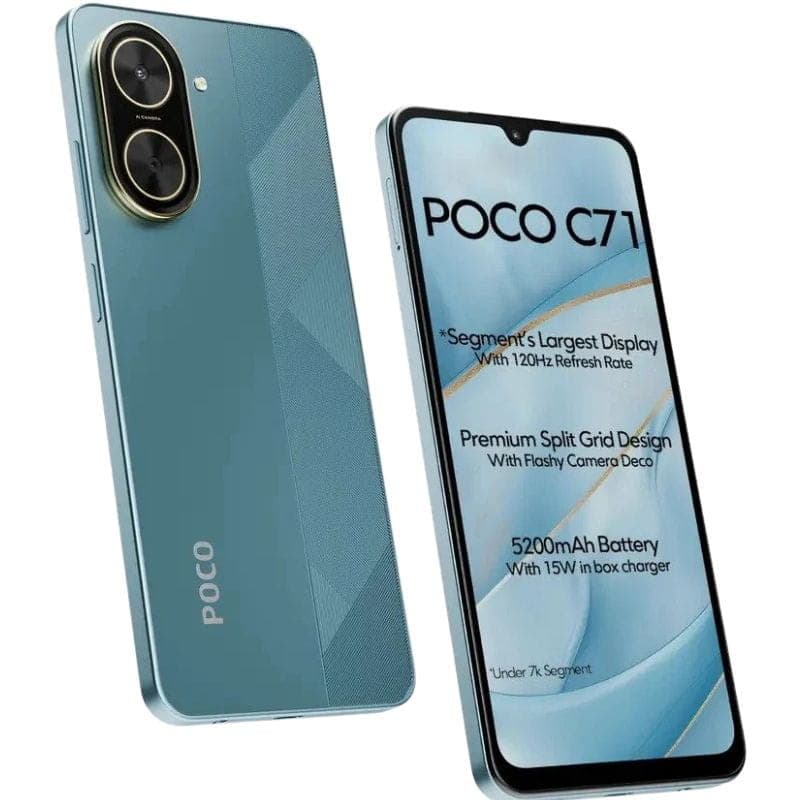 Imagem frontal e traseira do Xiaomi Poco C71 4GB/128GB Blue com caraterísticas