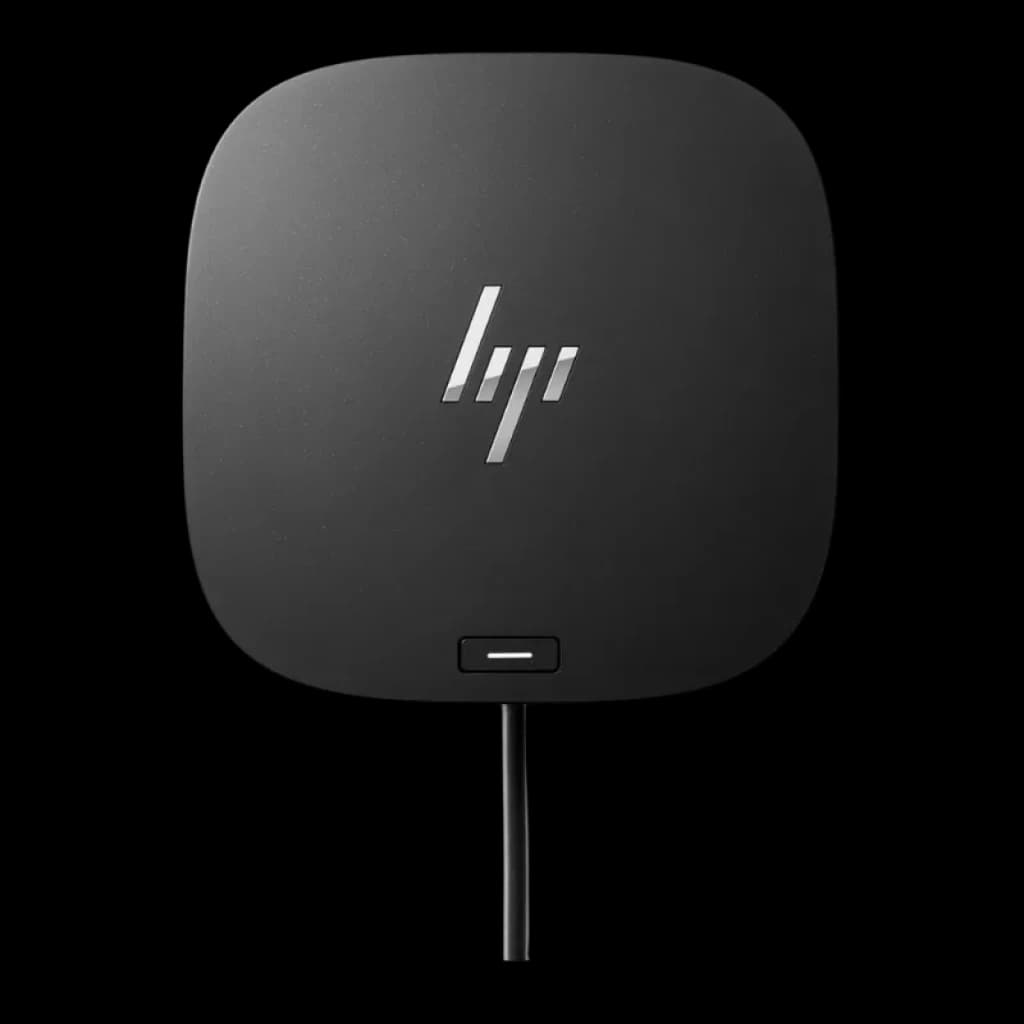 Estación de acoplamiento HP USB-C G5 negra con cable USB-C integrado.