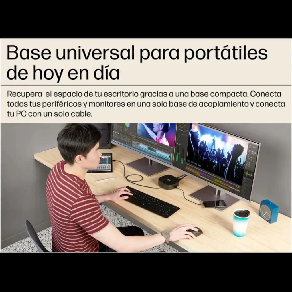 HP G5 conectada a un portátil profesional con configuración de doble monitor.