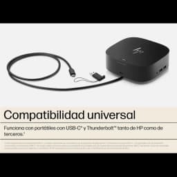 Hub portátil HP Base USB-C G5 negro, compacto, con cable USB-C integrado y puertos visibles: USB-A laterales, HDMI, RJ45 y jack 3,5 mm. Logo HP superior