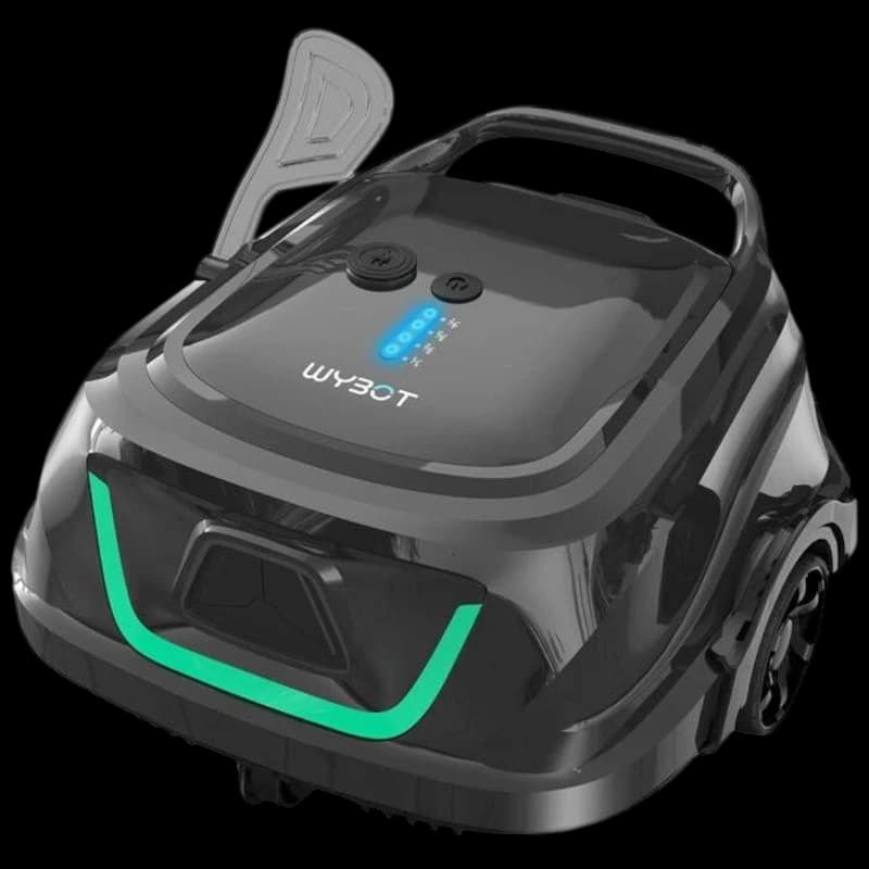 Wybot A1 Limpador de Fundo para Piscinas: robô preto compacto com alça superior, luz LED verde frontal, botões e indicadores azuis, rodas laterais robustas
