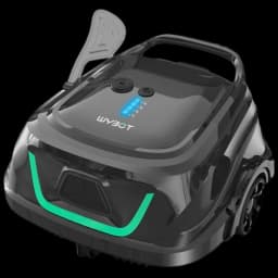 Wybot A1 Limpador de Fundo para Piscinas: robô preto compacto com alça superior, luz LED verde frontal, botões e indicadores azuis, rodas laterais robustas