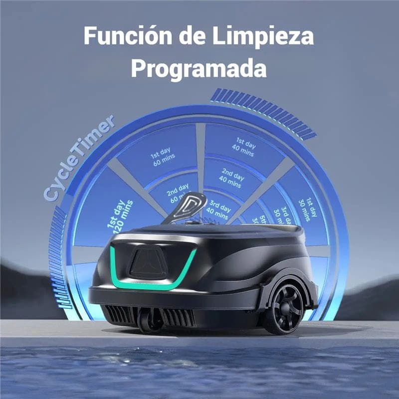 Wybot A1 - Limpador de Fundo para Piscinas com rodas, design preto compacto e luz LED verde, destaca ciclo de limpeza programada no painel circular