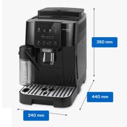 Machine noire compacte avec carafe LatteCrema graduée, panneau tactile frontal, becs doubles et plateau égouttoir inox, dimensions 350 x 240 x 440 mm