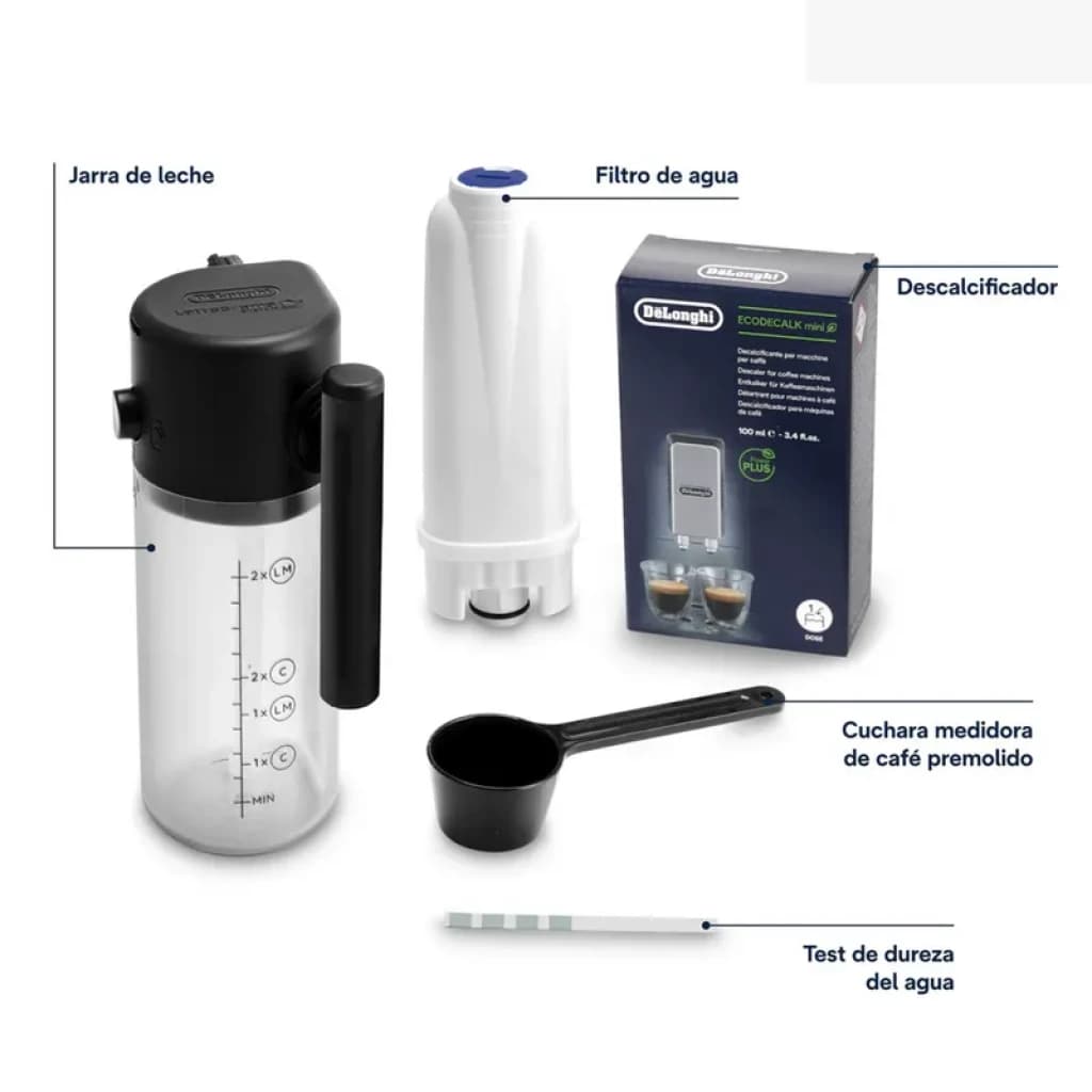 Pichet LatteCrema Hot noir avec jauge, filtre à eau, détartrant en boîte, cuillère doseuse et bandelette test de dureté, accessoires DeLonghi Magnifica