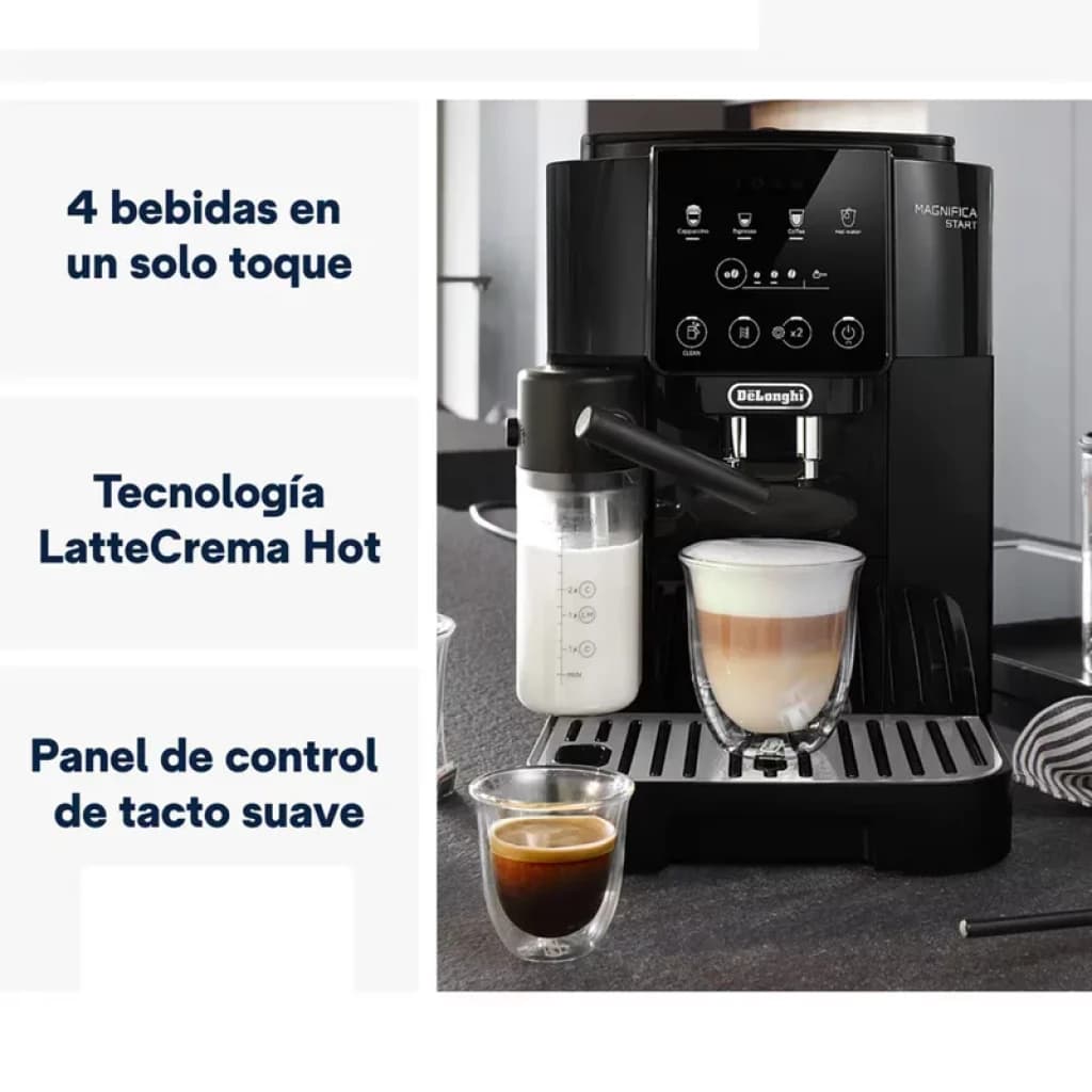 DeLonghi Magnifica Start ECAM220.60.B noire avec écran tactile, bec double, mousseur LatteCrema Hot et carafe lait, plateau égouttoir inox