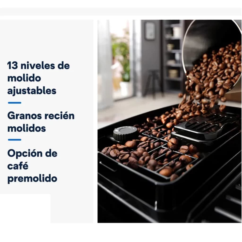 Bac de café avec grains fraîchement moulus, molette de réglage visible et 13 niveaux de mouture, option café prémoulu pour la DeLonghi Magnifica Start