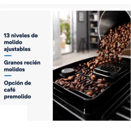 Bac de café avec grains fraîchement moulus, molette de réglage visible et 13 niveaux de mouture, option café prémoulu pour la DeLonghi Magnifica Start