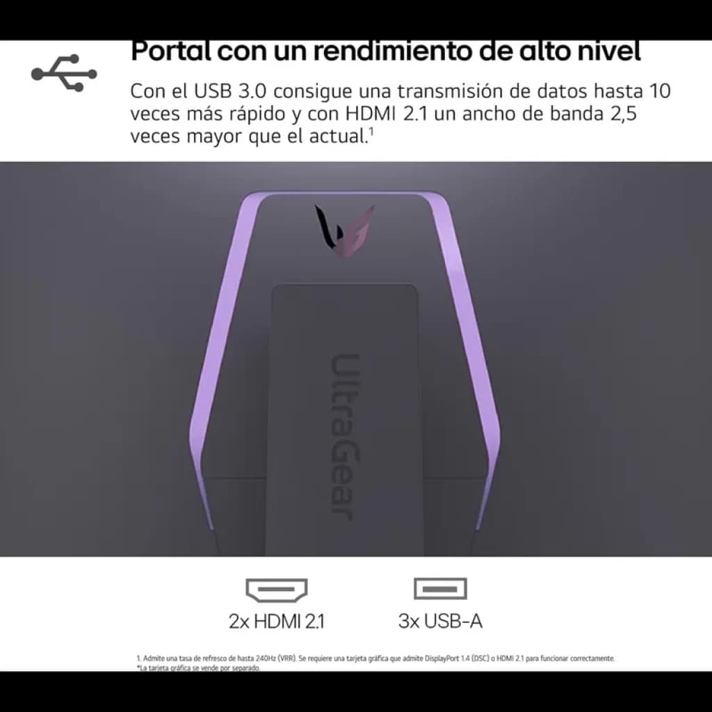 Parte trasera del monitor curvo LG 32GS95UV-B con iluminación violeta, logo UltraGear centrado, puertos 2x HDMI 2.1 y 3x USB-A visibles