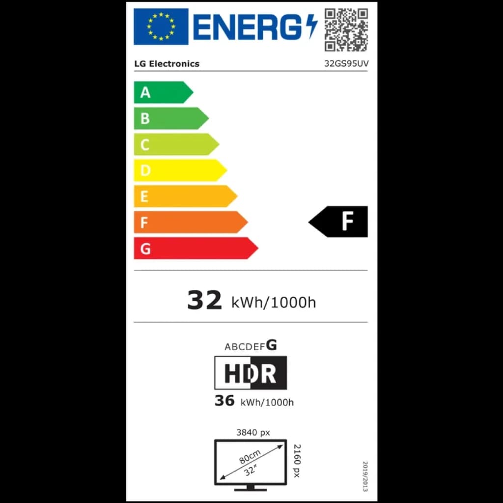 Etiqueta energética LG 32GS95UV-B: clase F, consumo 32 kWh/1000h, HDR 36 kWh/1000h, 4K 3840x2160, iconos de eficiencia y tamaño 32 pulgadas