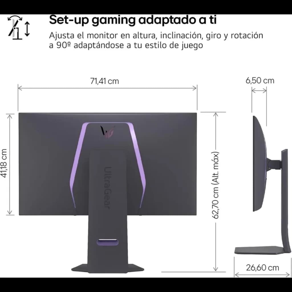 LG 32GS95UV-B monitor curvo OLED 32 pulgadas 4K con bisel fino, altura, inclinación y giro ajustables, rotación 90°, diseño negro con iluminación trasera
