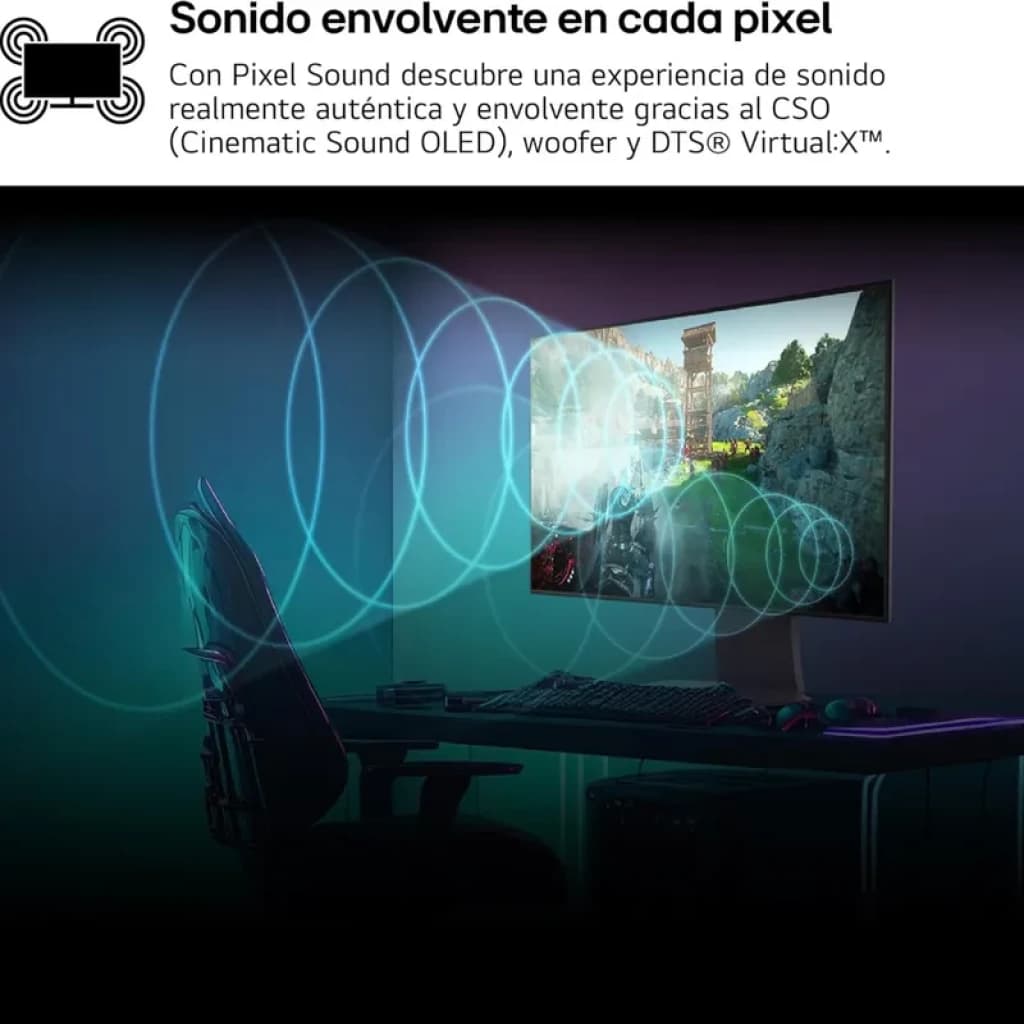 Monitor gaming OLED 32 pulgadas 4K curvo en negro, bordes delgados, iluminación ambiental y soporte ajustable; ideal para inmersión con FreeSync
