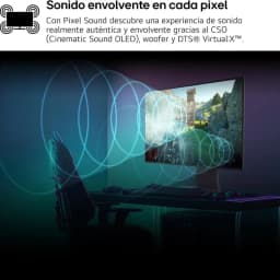 Monitor gaming OLED 32 pulgadas 4K curvo en negro, bordes delgados, iluminación ambiental y soporte ajustable; ideal para inmersión con FreeSync