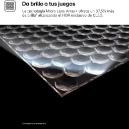 Panel OLED con tecnología Micro Lens Array+ que incrementa el brillo 37,5 %, mostrando superficie curva con celdas hexagonales y efecto HDR destacado