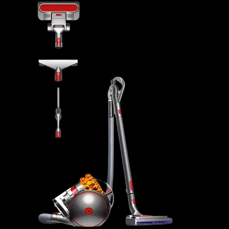 Dyson Cinetic Big ball Multi floor 2 – Aspirador de trenó cinza com esfera vermelha, ciclones amarelos, tubo metálico e bocal de piso com acessórios