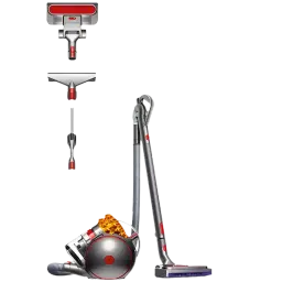 Dyson Cinetic Big ball Multi floor 2 – Aspirador de trenó cinza com esfera vermelha, ciclones amarelos, tubo metálico e bocal de piso com acessórios