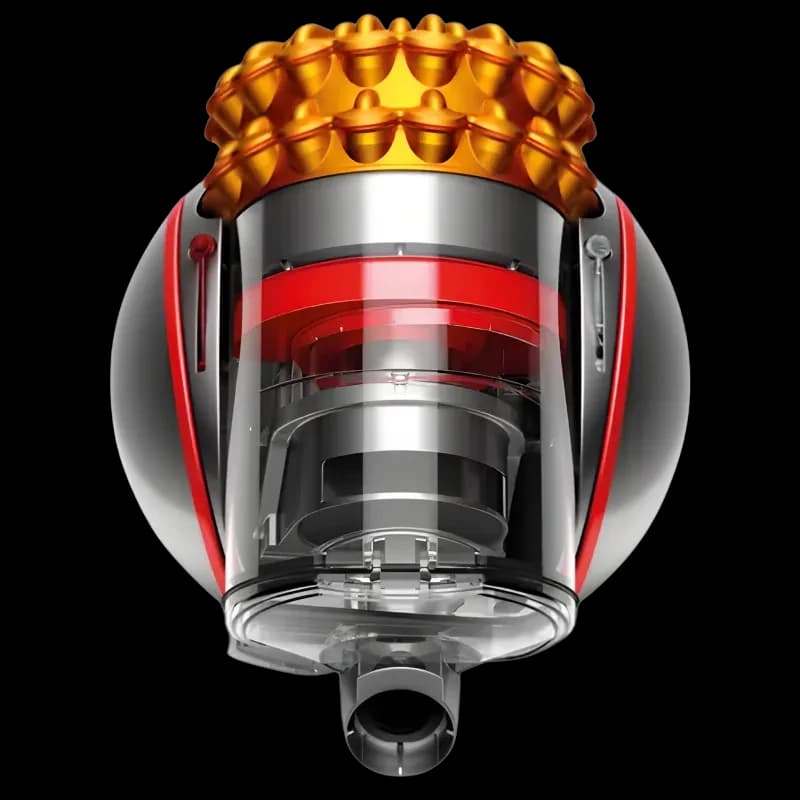 Dyson Cinetic Big ball Multi floor 2 - Aspirador de trenó com corpo esférico prateado, anel vermelho e topo dourado; depósito transparente e bocal frontal