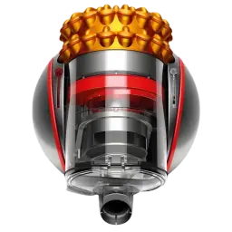 Dyson Cinetic Big ball Multi floor 2 - Aspirador de trenó com corpo esférico prateado, anel vermelho e topo dourado; depósito transparente e bocal frontal