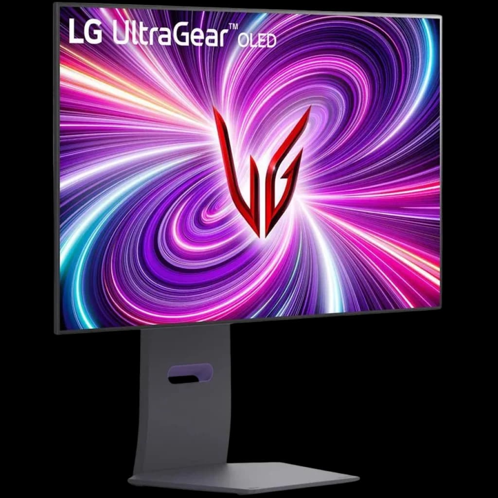 Monitor LG UltraGear 32GS94UX-B preto com painel OLED 32 polegadas, molduras finas, base robusta ajustável e logotipo VG em tela vibrante multicolor