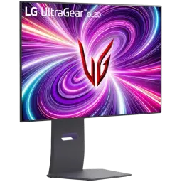 Monitor LG UltraGear 32GS94UX-B preto com painel OLED 32 polegadas, molduras finas, base robusta ajustável e logotipo VG em tela vibrante multicolor