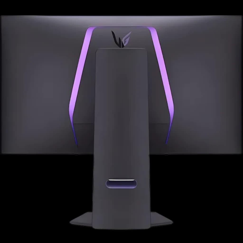 LG UltraGear 32GS94UX-B.AEU monitor preto visto por trás, iluminação RGB violeta em V, suporte central robusto com fenda para gestão de cabos