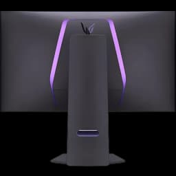 LG UltraGear 32GS94UX-B.AEU monitor preto visto por trás, iluminação RGB violeta em V, suporte central robusto com fenda para gestão de cabos