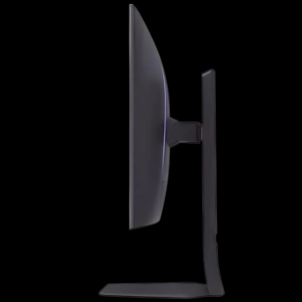 Perfil lateral do monitor LG UltraGear 32GS94UX-B AEU em preto, tela OLED curva ultrafina de 32 polegadas com base robusta e suporte ajustável