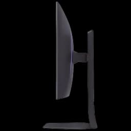 Perfil lateral do monitor LG UltraGear 32GS94UX-B AEU em preto, tela OLED curva ultrafina de 32 polegadas com base robusta e suporte ajustável