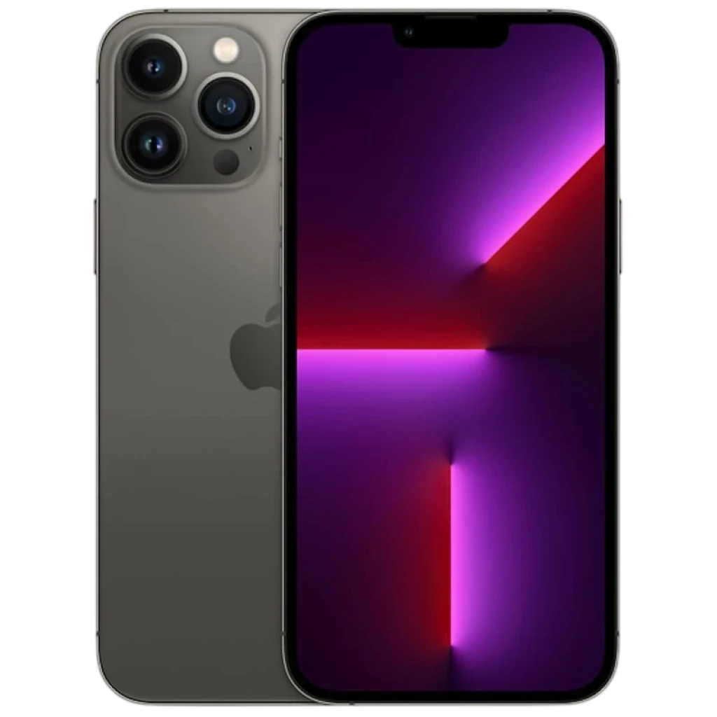 iPhone 13 Pro Max 512GB grafite renovado em condição excelente, traseira em grafite com três câmeras e tela OLED ampla com notch e imagem neon roxa - Item
