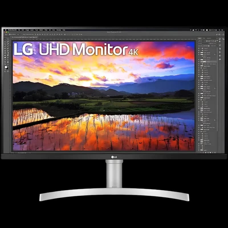 LG 32UN650K-W monitor 32 pulgadas 4K UHD con panel IPS, biseles finos, peana plateada en forma de arco y acabado frontal negro con logo LG central