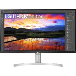 LG 32UN650K-W monitor 32 pulgadas 4K UHD con panel IPS, biseles finos, peana plateada en forma de arco y acabado frontal negro con logo LG central