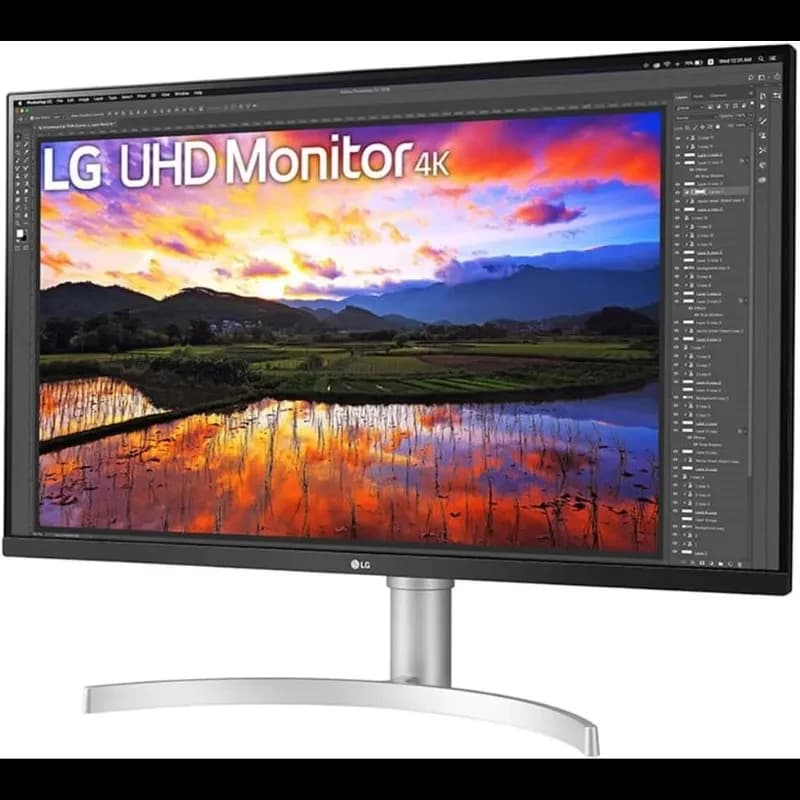 Monitor LG 32UN650K-W de 32 pulgadas, panel IPS 4K UHD, marco delgado negro, soporte curvo plateado, ideal para edición y detalle nítido en pantalla
