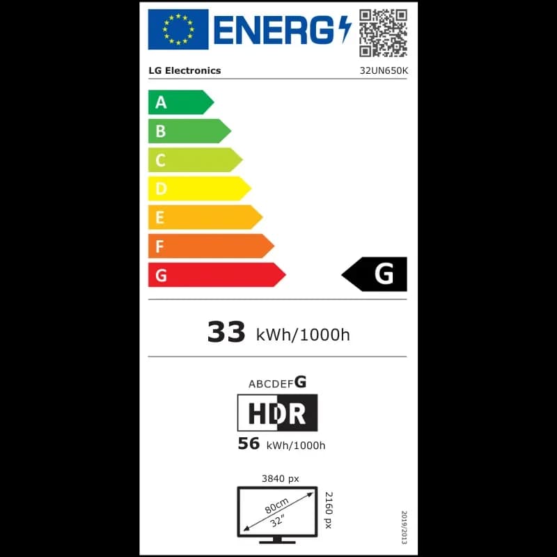 Etiqueta energética del monitor LG 32UN650K-W 32 pulgadas 4K IPS blanco; clase G, consumo 33 kWh por 1000 h, HDR, resolución 3840 x 2160 píxeles