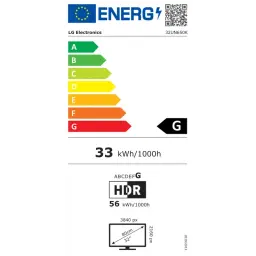 Etiqueta energética del monitor LG 32UN650K-W 32 pulgadas 4K IPS blanco; clase G, consumo 33 kWh por 1000 h, HDR, resolución 3840 x 2160 píxeles