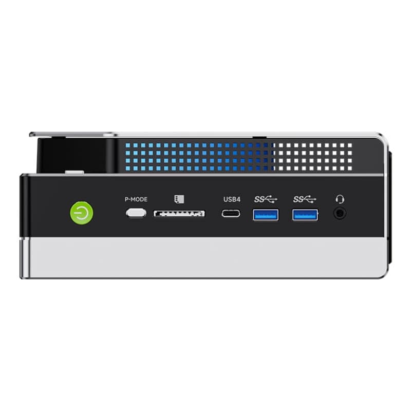 GMKtec EVO-X2 Mini PC compacto con rejilla azul, botón de encendido, puertos USB4, 2 USB 3.0, jack 3.5 mm y ranura frontal P-Mode; acabado negro y plata
