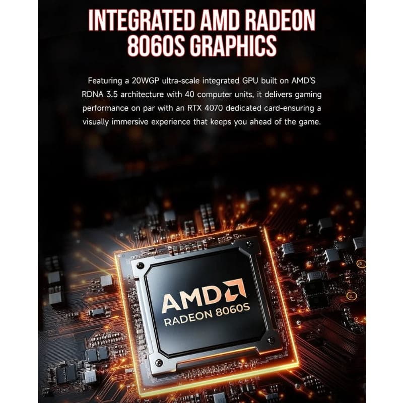 GMKtec EVO-X2 Mini PC con chip AMD Radeon 8060S integrado, diseño futurista con circuito iluminado en naranja y negro, enfoque en potencia gráfica RDNA 3.5
