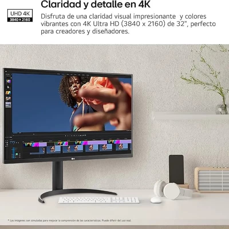 LG 32UR55OK-B monitor 31,5 pulgadas 4K UHD con panel LCD, diseño delgado negro, biseles finos, base curva estable y compatibilidad FreeSync ideal para edición