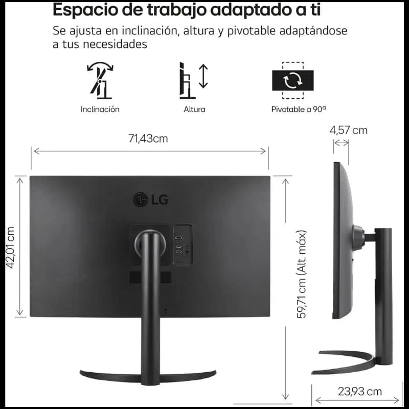 Monitor LG 32UR55OK-B 31,5 pulgadas 4K UHD LCD con soporte ajustable en altura, inclinación y giro 90°, diseño negro, puertos traseros accesibles