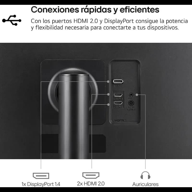 Parte trasera del monitor LG 32UR55OK-B 31,5 4K: puertos 2x HDMI 2.0, 1x DisplayPort 1.4 y salida de auriculares, diseño limpio con soporte central