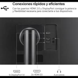Parte trasera del monitor LG 32UR55OK-B 31,5 4K: puertos 2x HDMI 2.0, 1x DisplayPort 1.4 y salida de auriculares, diseño limpio con soporte central