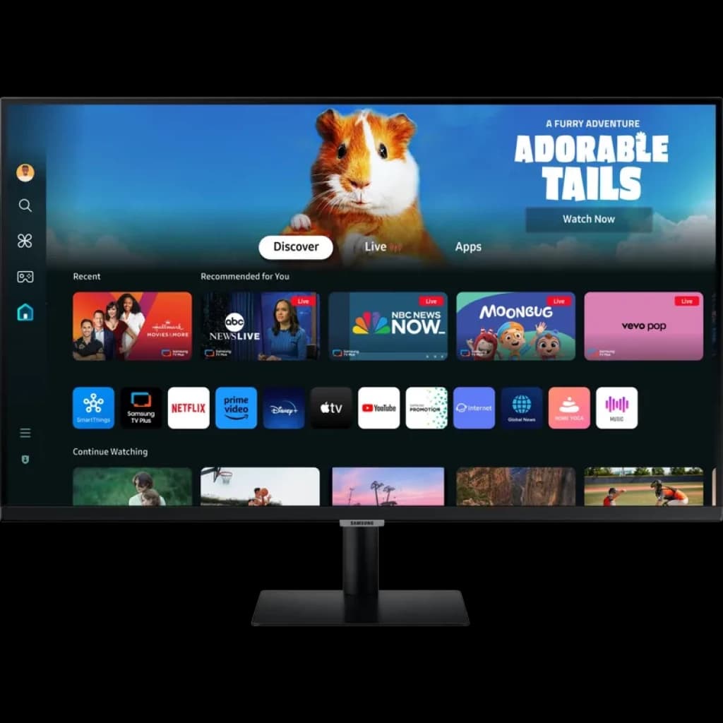 Samsung Smart Monitor M5 27 pouces Full HD, écran plat fin, bords minces, pied noir réglable, interface Smart TV avec applis streaming en page d’accueil