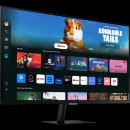 Samsung Smart Monitor M5 M50D 27 pouces Full HD 60 Hz affichant Smart TV avec apps, contenus en tuiles, bords fins et pied noir élégant