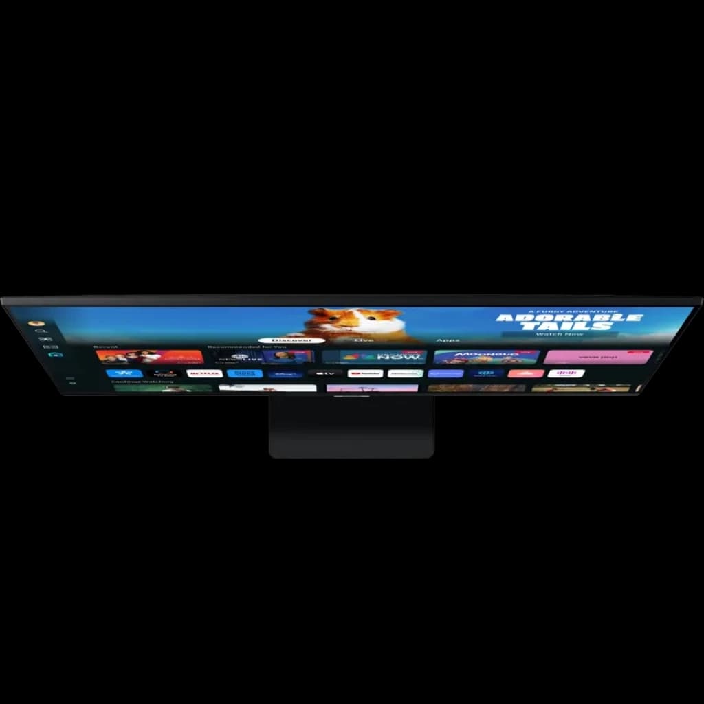 Samsung Smart Monitor M5 M50D 27 pouces Full HD 60 Hz, écran fin bords noirs, dalle brillante, interface Smart TV affichée avec apps colorées