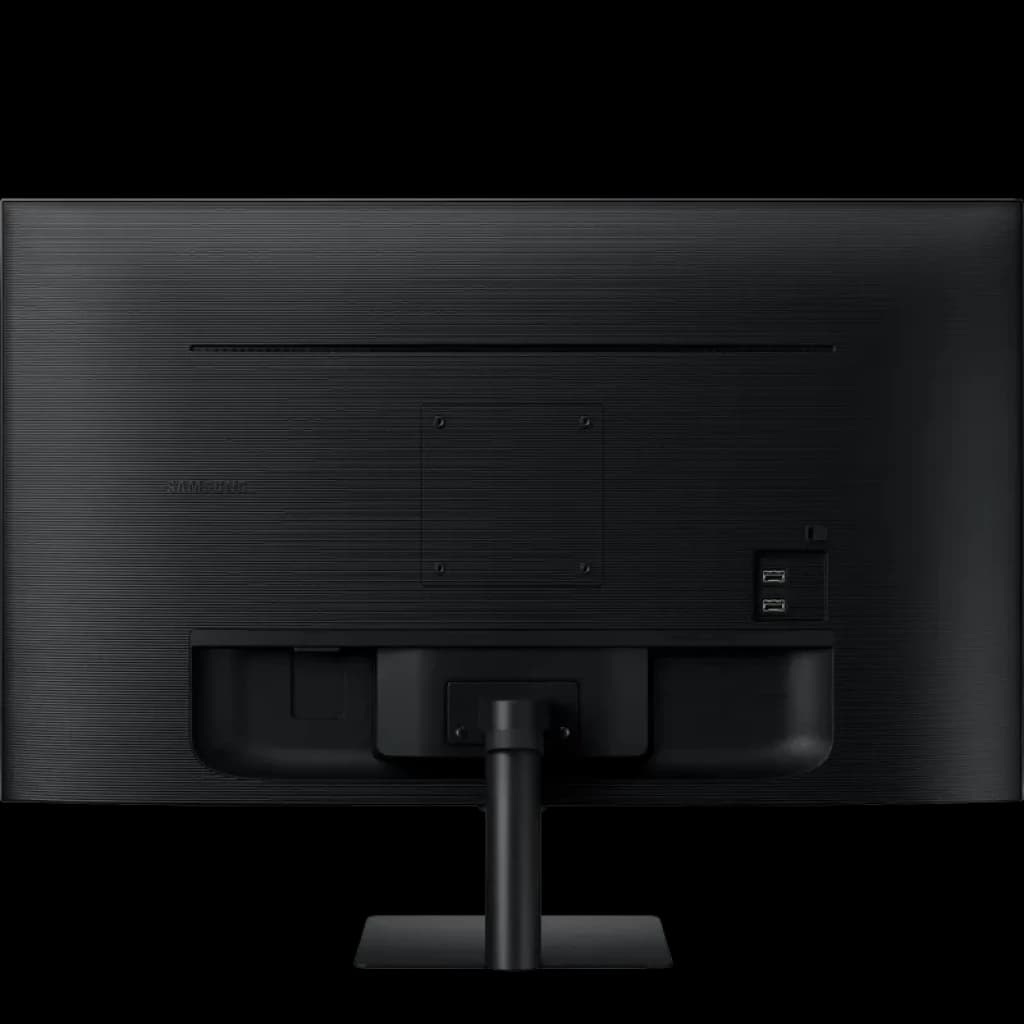 Dos du Samsung Smart Monitor M5 27 pouces noir, texture brossée, pied central robuste, montage VESA carré, ports USB et HDMI latéraux visibles