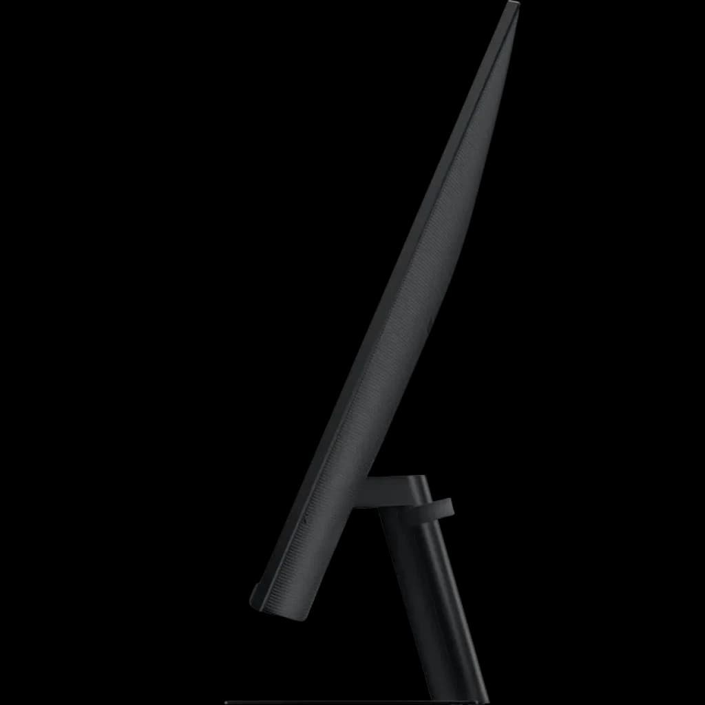 Profil latéral fin et épuré du Samsung Smart Monitor M5 27 pouces, écran plat Full HD, cadre noir texturé, pied cylindrique robuste et inclinaison